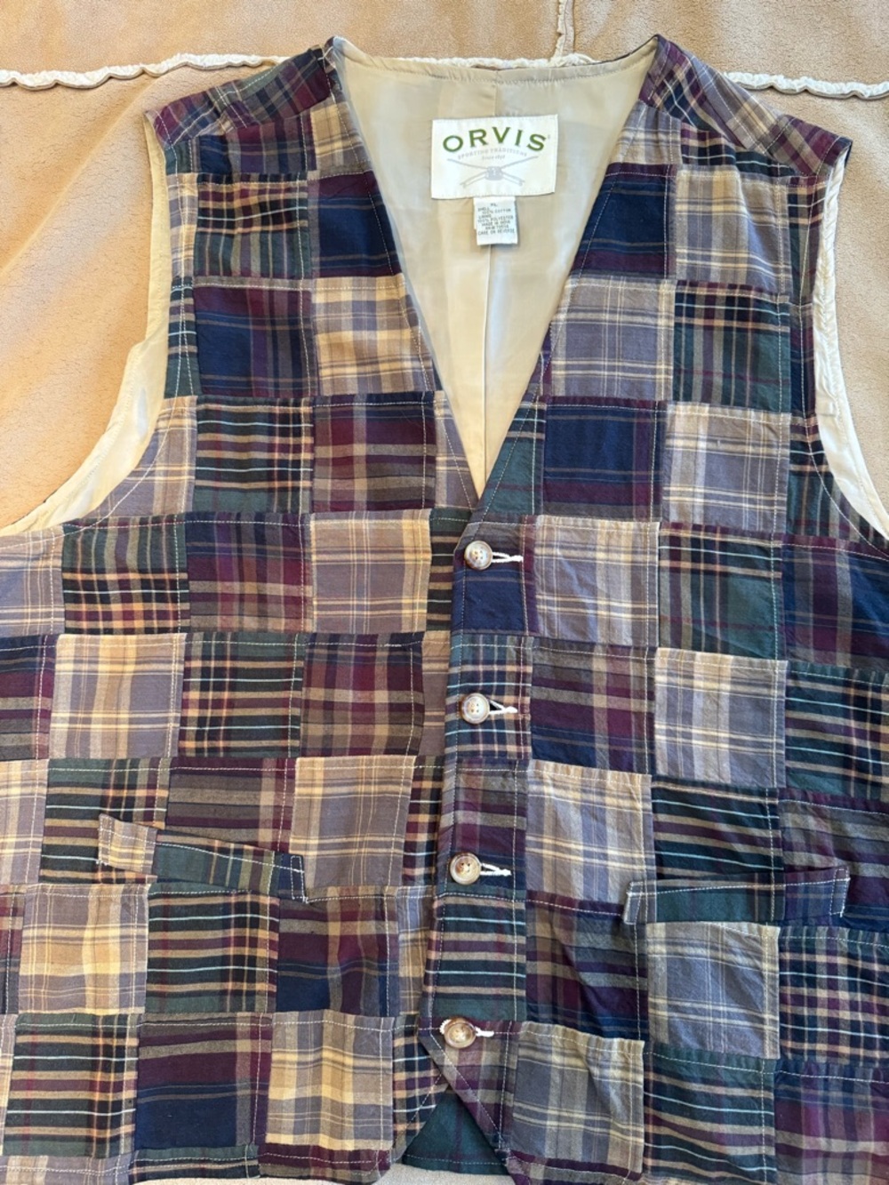 Moving Sale - Orvis - Patchwork Plaid Vest in Navy, Green & Burgundy